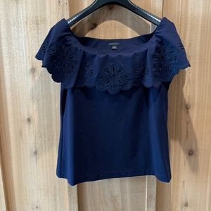 Ann Taylor Navy Off-Shoulder Eyelet Accent Knit Top - Size Medium
